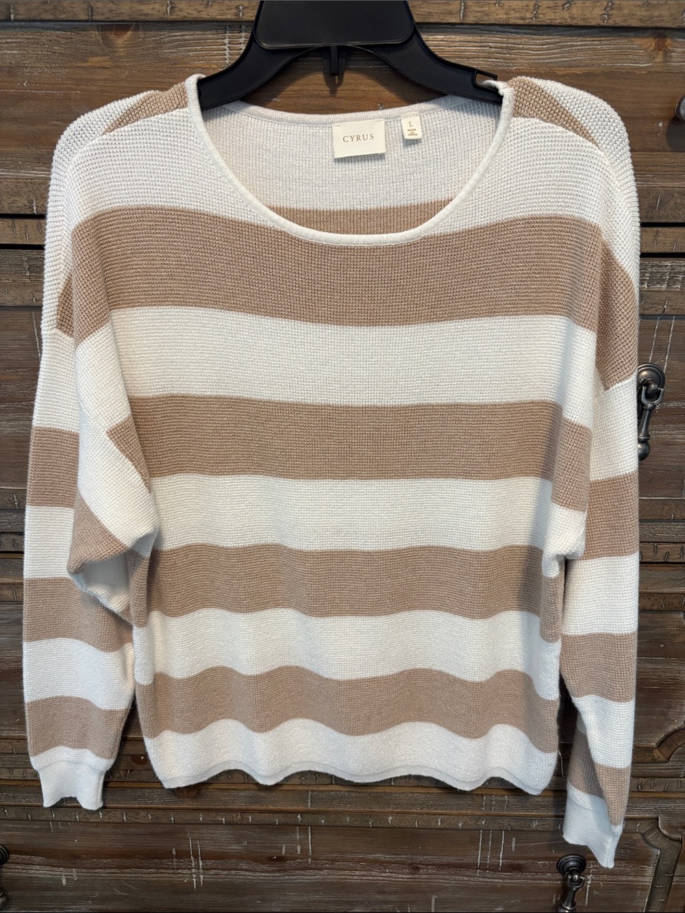 Cyrus Striped Crewneck Sweater in Cream and Tan